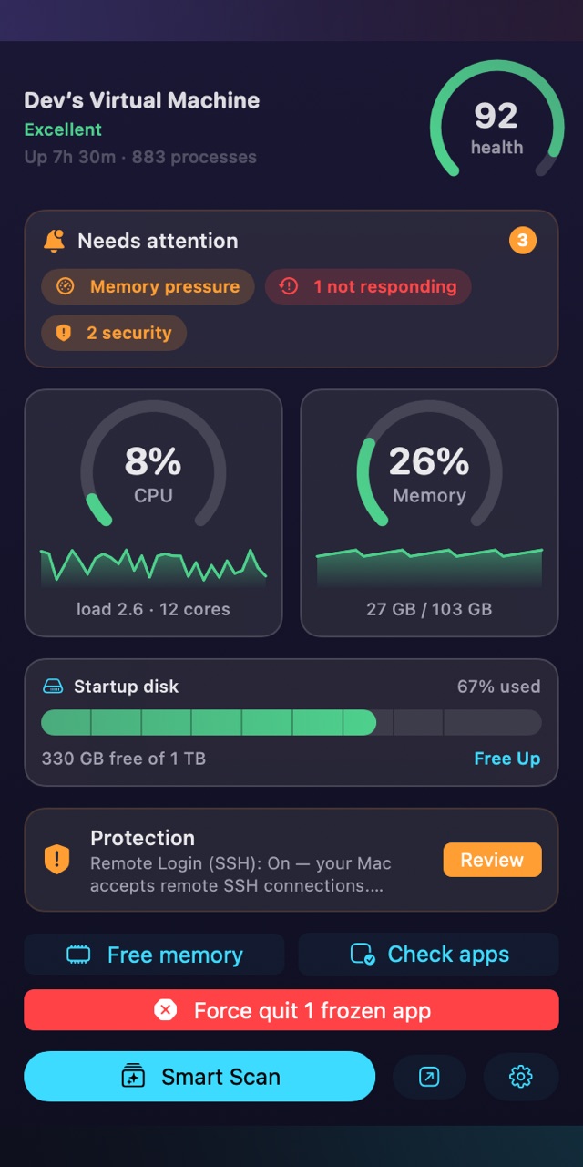 The MacTidy menu bar widget showing health, CPU, memory, startup disk and protection status.
