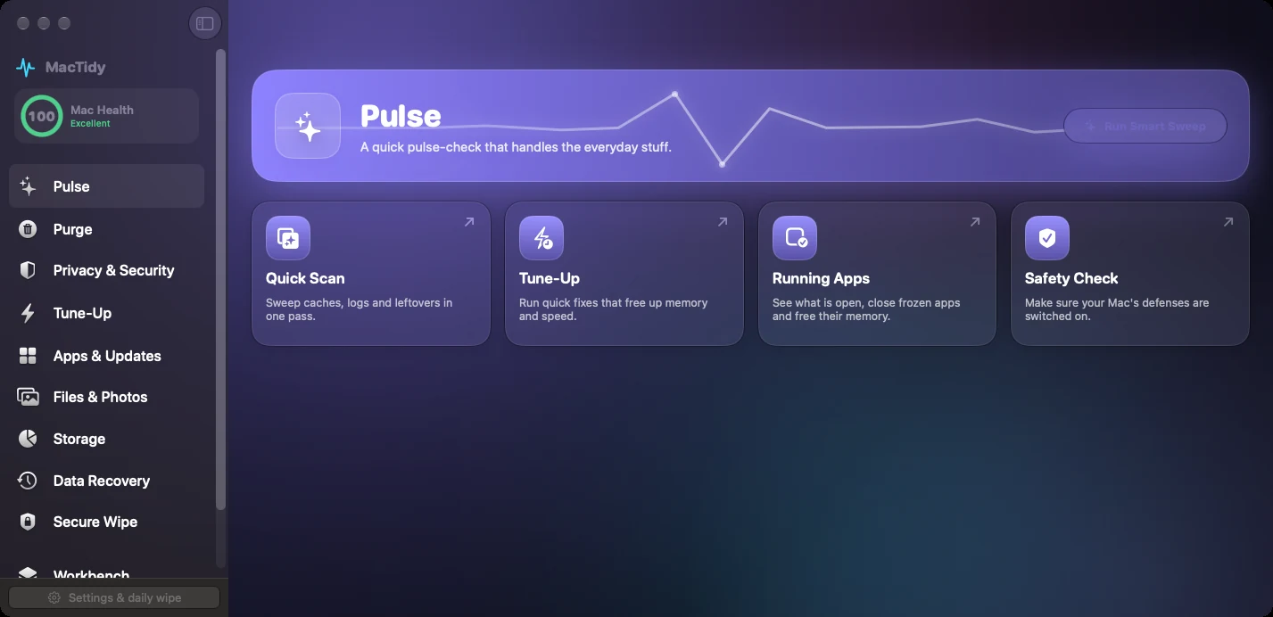 MacTidy Pulse screen with health, cleanup and protection cards.