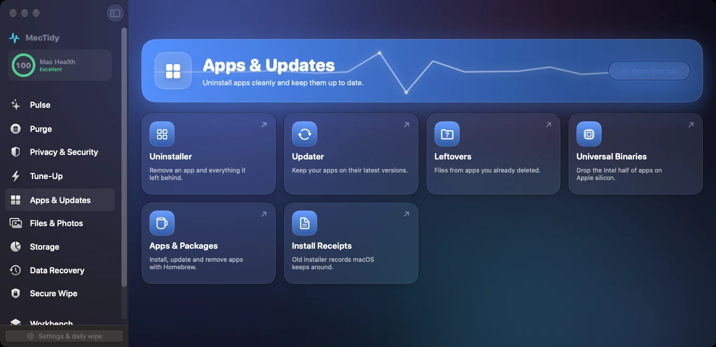 MacTidy Apps and Updates category screen.
