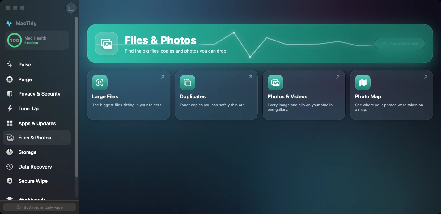MacTidy Files and Photos category screen.