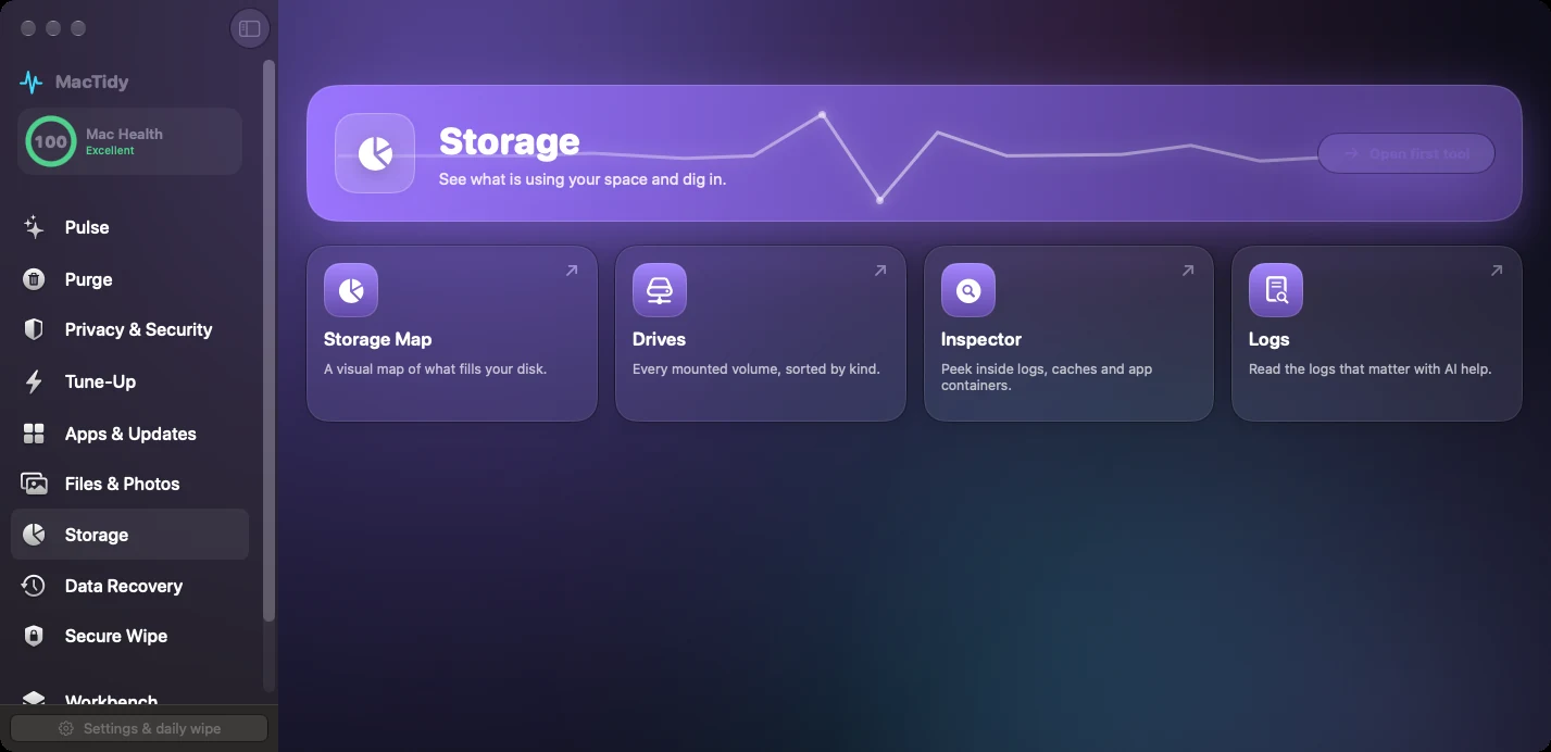 MacTidy Storage category screen.