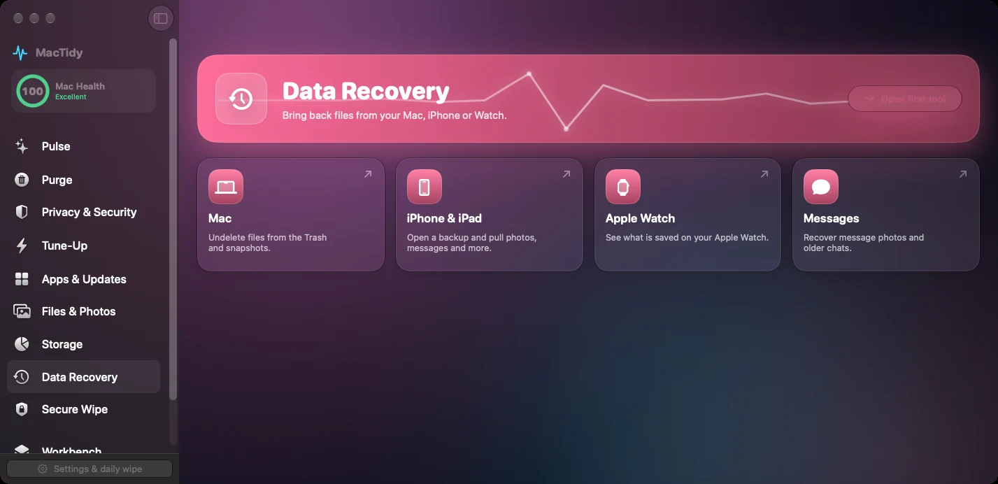 MacTidy Data Recovery category screen.