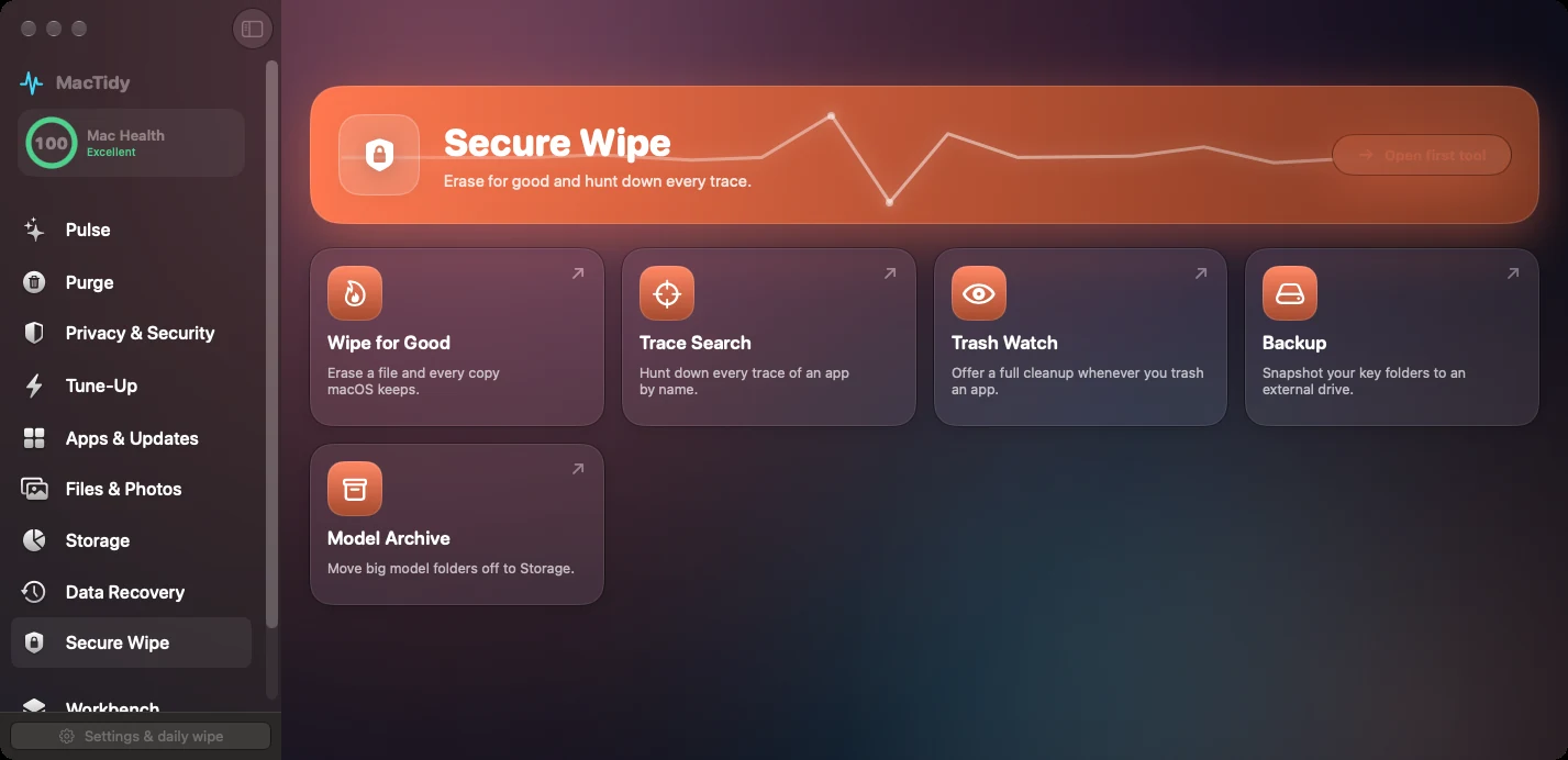 MacTidy Secure Wipe category screen.