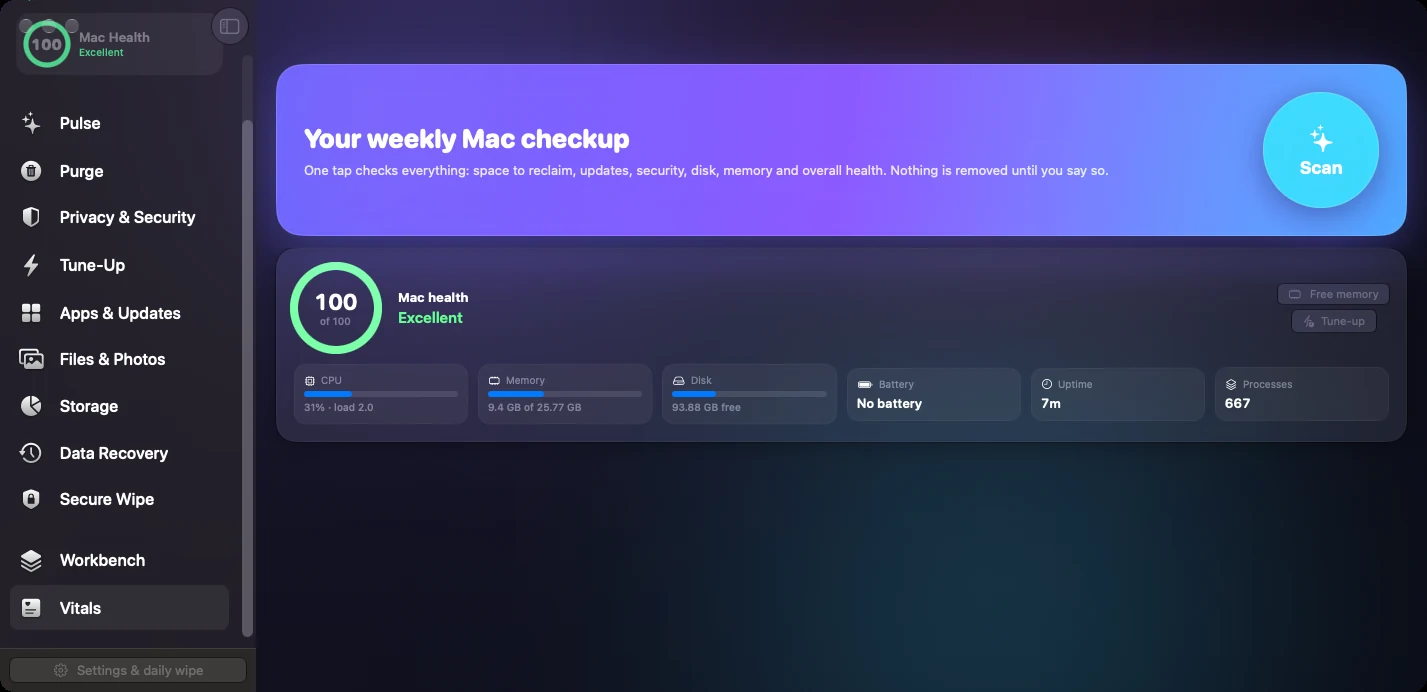 MacTidy Vitals screen with system status.