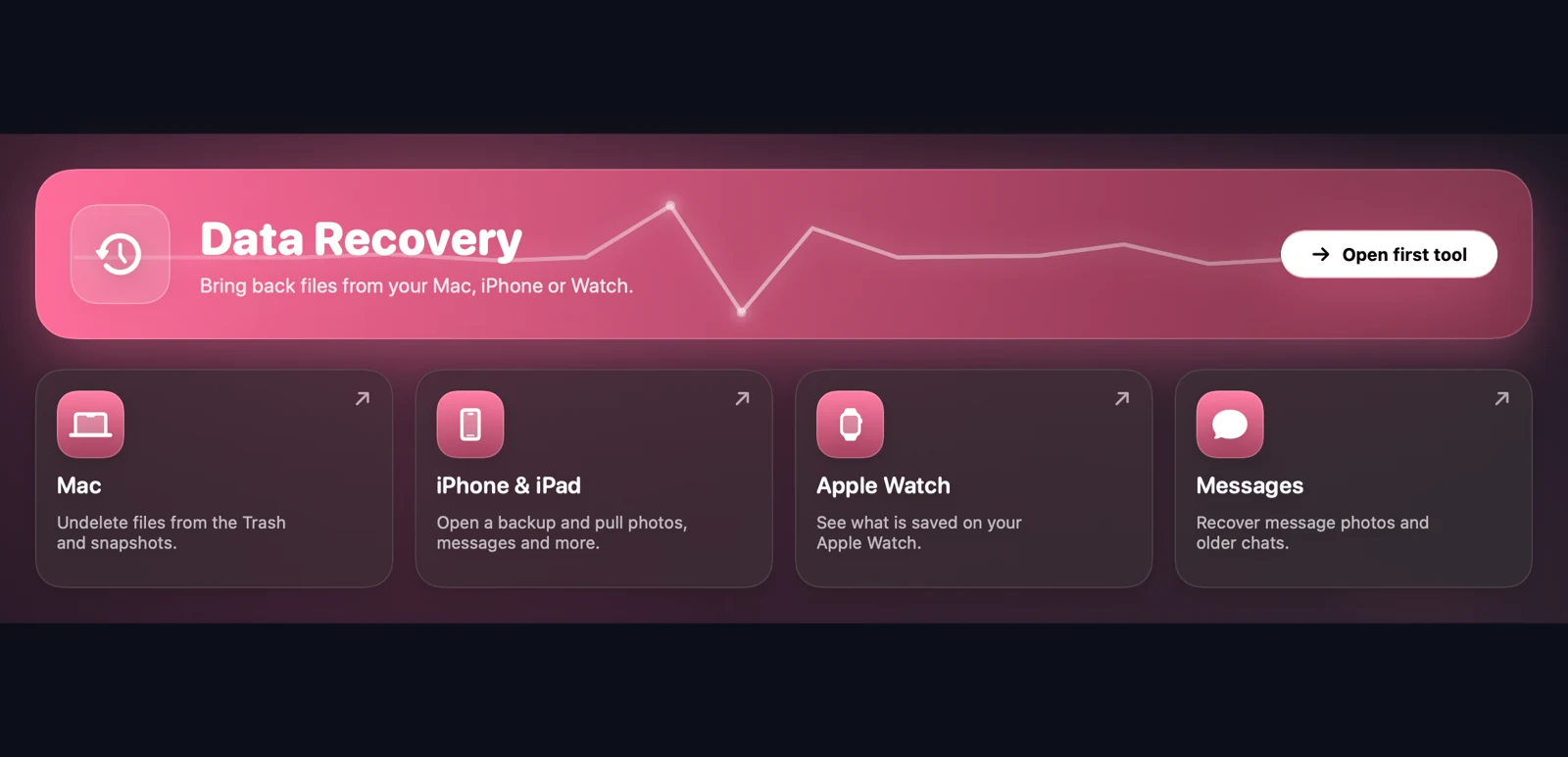 MacTidy recovery category with iOS and Apple Watch recovery tools.