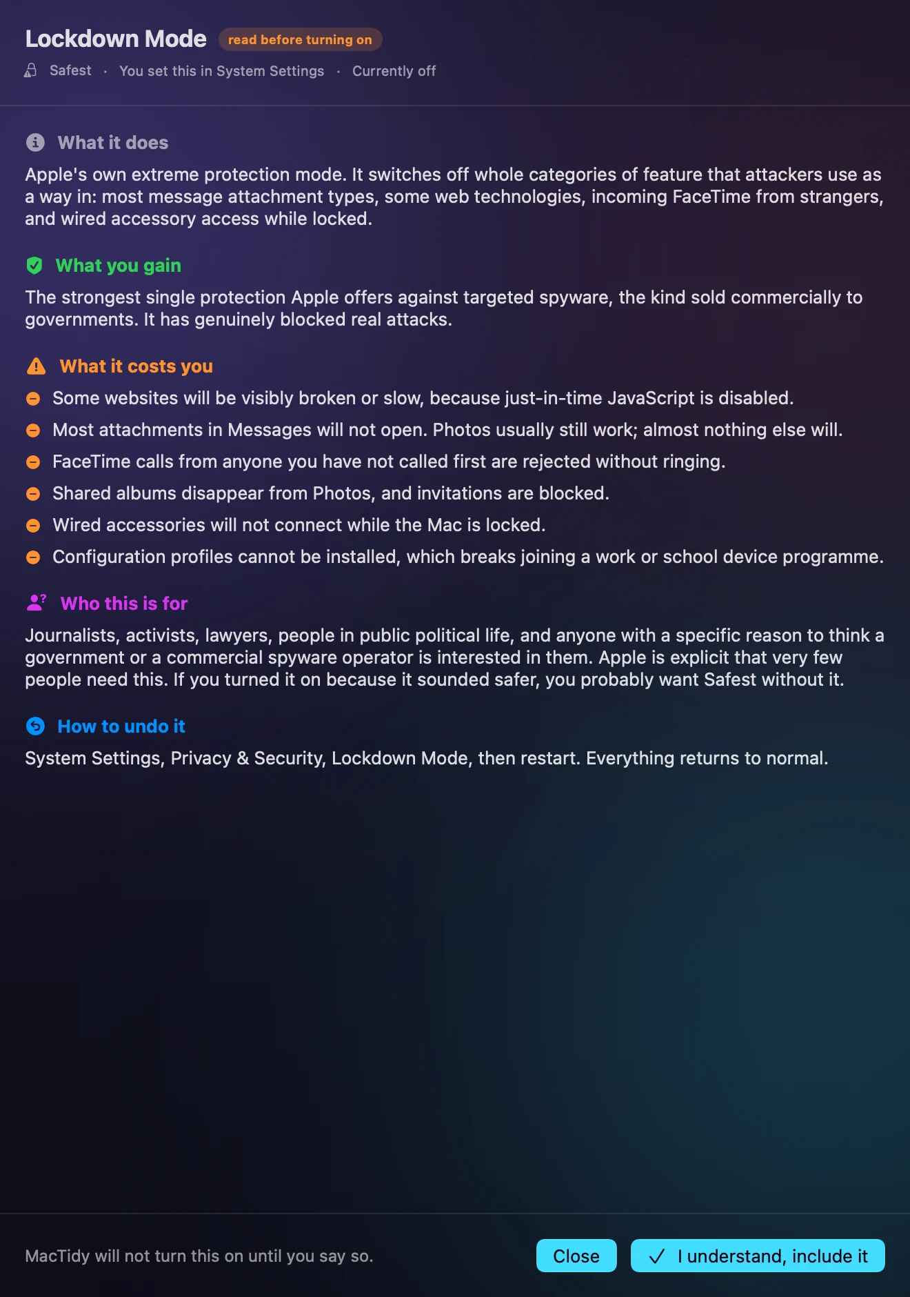 MacTidy Lockdown Mode explainer screen.
